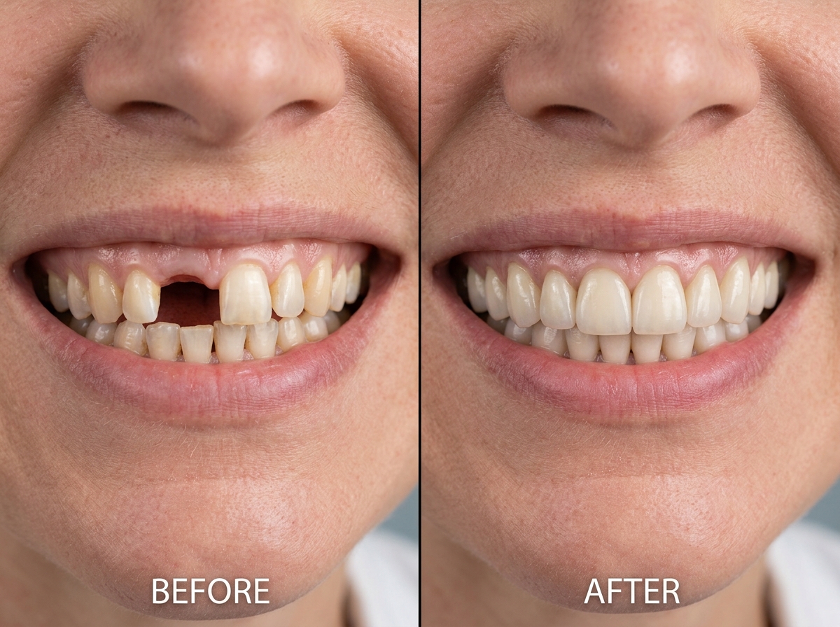 Patient before and after All-on-4 smile transformation